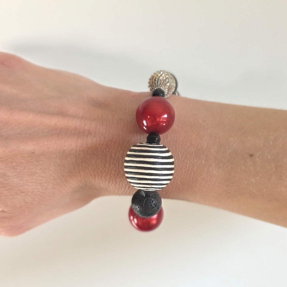 Red and Gold Beaded Bracelet with Crystal Accents